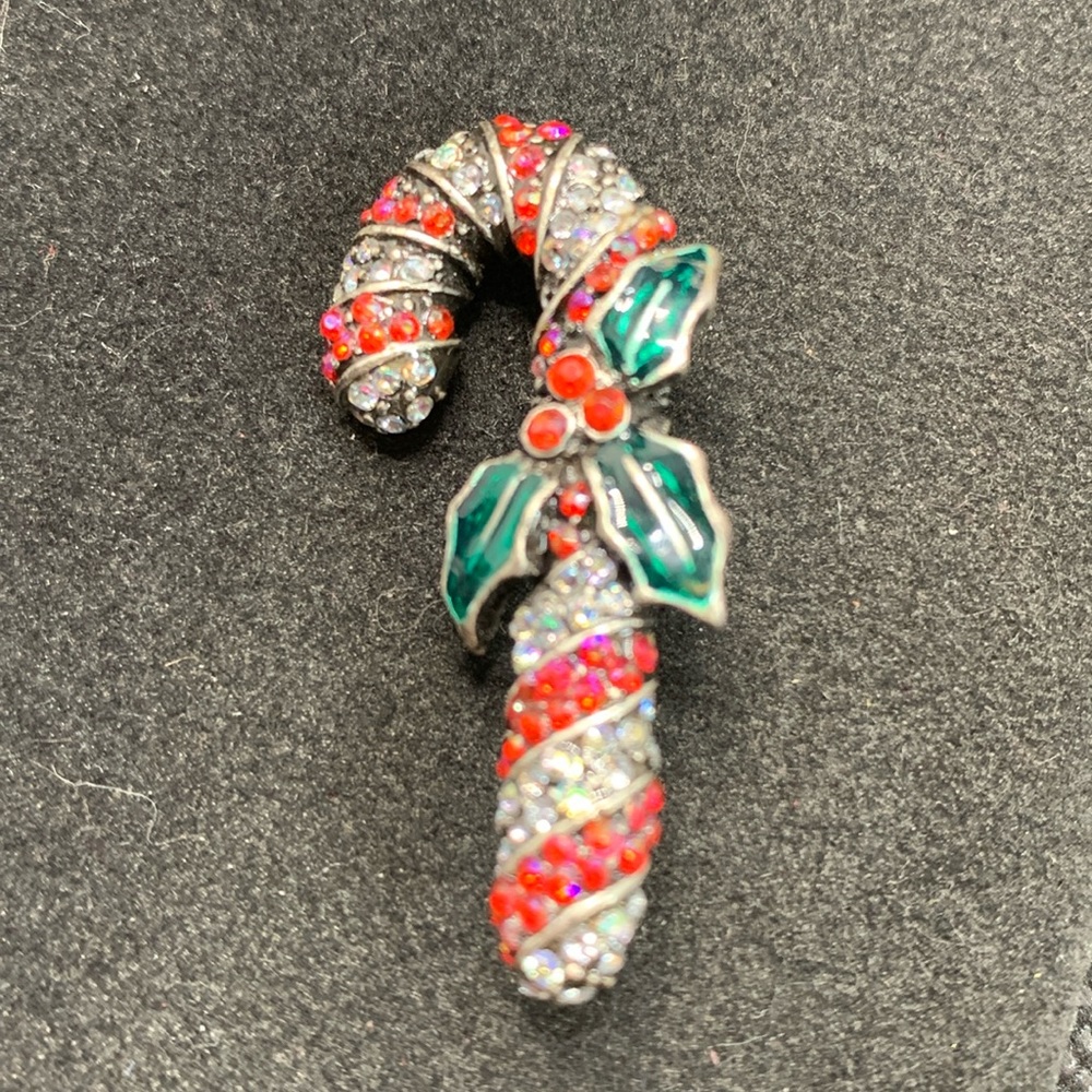 Vintage Pewter Finish 110 Crystal Enamel Candy Cane Christmas Pin/Brooch